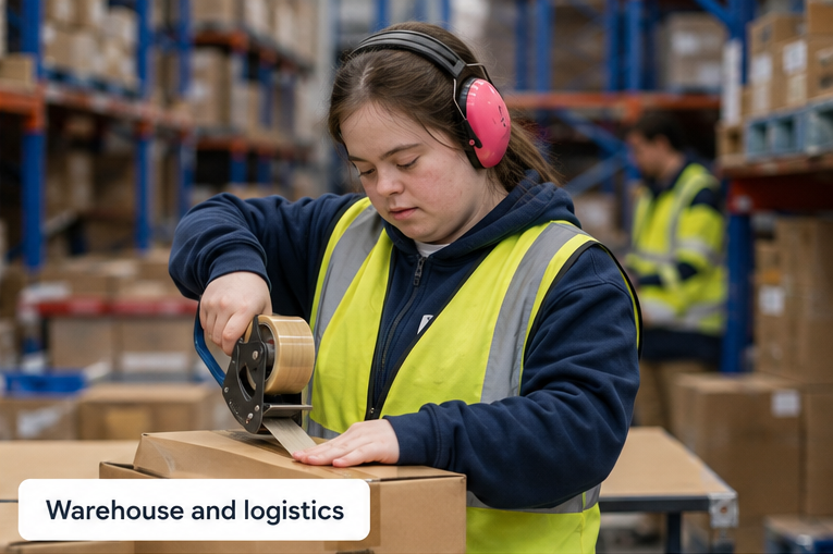 A young warehouse worker in a high-visibility vest and ear defenders taping a cardboard box.