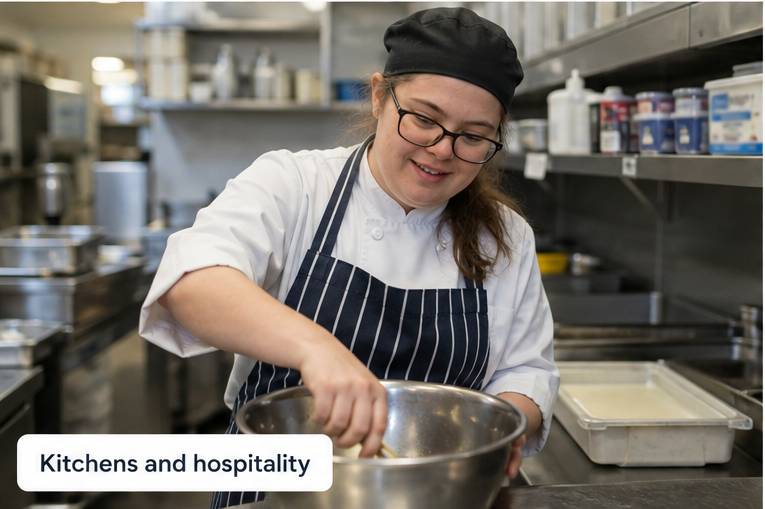 A young kitchen worker in chef whites and a striped apron mixing ingredients in a bowl.