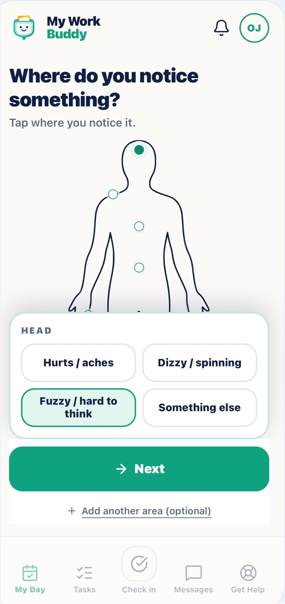 Check-in screen asking where do you notice something, with a body outline and options such as hurts or aches and fuzzy or hard to think.
