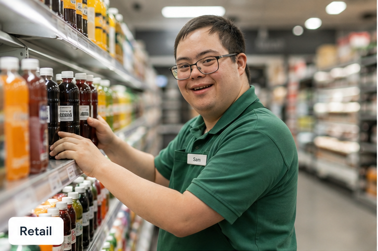 A young retail worker in a green polo shirt smiling while facing up bottles on a shop shelf.